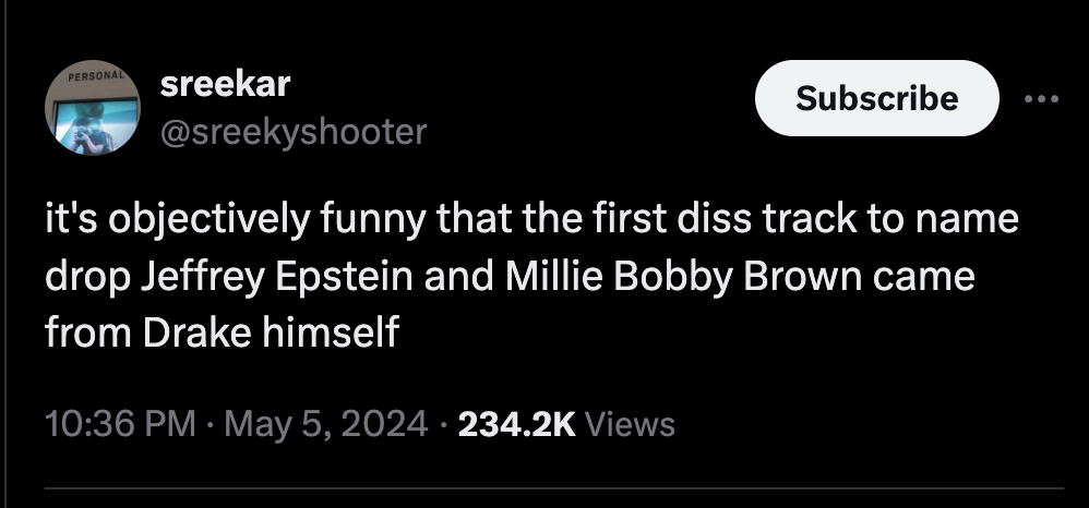 screenshot - Personal sreekar Subscribe it's objectively funny that the first diss track to name drop Jeffrey Epstein and Millie Bobby Brown came from Drake himself Views